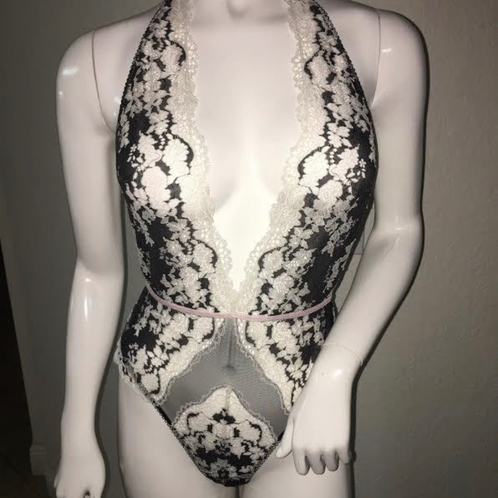 Victoria’s Secret Halter Plunge Deep V Neck Lace Mesh Teddy Lingerie Bodysuit